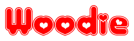 The image displays the word Woodie written in a stylized red font with hearts inside the letters.