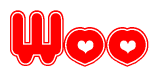 The image is a clipart featuring the word Woo written in a stylized font with a heart shape replacing inserted into the center of each letter. The color scheme of the text and hearts is red with a light outline.