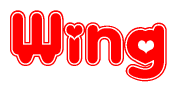 The image is a red and white graphic with the word Wing written in a decorative script. Each letter in  is contained within its own outlined bubble-like shape. Inside each letter, there is a white heart symbol.