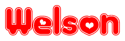The image displays the word Welson written in a stylized red font with hearts inside the letters.