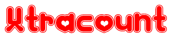 The image is a red and white graphic with the word Xtracount written in a decorative script. Each letter in  is contained within its own outlined bubble-like shape. Inside each letter, there is a white heart symbol.