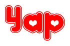 The image is a red and white graphic with the word Yap written in a decorative script. Each letter in  is contained within its own outlined bubble-like shape. Inside each letter, there is a white heart symbol.