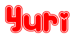 The image is a red and white graphic with the word Yuri written in a decorative script. Each letter in  is contained within its own outlined bubble-like shape. Inside each letter, there is a white heart symbol.