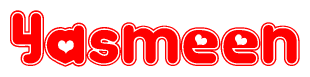 The image is a red and white graphic with the word Yasmeen written in a decorative script. Each letter in  is contained within its own outlined bubble-like shape. Inside each letter, there is a white heart symbol.