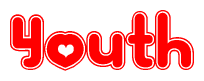 The image is a red and white graphic with the word Youth written in a decorative script. Each letter in  is contained within its own outlined bubble-like shape. Inside each letter, there is a white heart symbol.