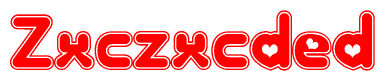 The image is a clipart featuring the word Zxczxcded written in a stylized font with a heart shape replacing inserted into the center of each letter. The color scheme of the text and hearts is red with a light outline.
