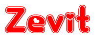 The image is a red and white graphic with the word Zevit written in a decorative script. Each letter in  is contained within its own outlined bubble-like shape. Inside each letter, there is a white heart symbol.