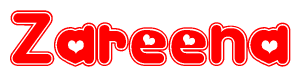 The image is a clipart featuring the word Zareena written in a stylized font with a heart shape replacing inserted into the center of each letter. The color scheme of the text and hearts is red with a light outline.