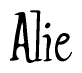 The image is a stylized text or script that reads 'Alie' in a cursive or calligraphic font.