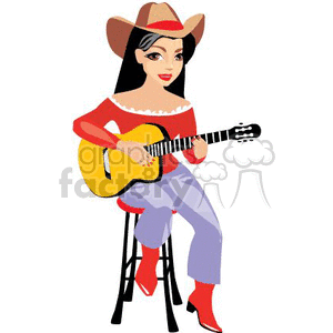 A Cowgirl Wearing a Red Shirt and Boots Sitting on a Stool Playing a Guitar