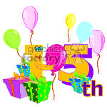 The clipart image features a number 15 with a fun, cartoon-like design, colorful balloons attached to it, and a present box with more gifts and balloons behind it. The th of the 15th is decorated with stars.  It could be used for a 15th birthday, or anniversary  