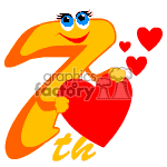 The clipart image shows a stylized number seven with a cute face, eyelashes, and blue eyes, holding a heart. There are additional hearts floating nearby, and a small th indicating 7th. It suggests a celebration or an anniversary theme, potentially for a 7th birthday.