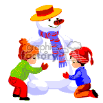 The clipart image displays two children building a snowman. The snowman is adorned with a hat and scarf, and has facial features made from what appears to be coal or rocks. Both children are bundled in winter clothing—one wearing a green jacket and orange hat, and the other wearing a blue sweater and red hat.