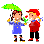 The clipart image depicts two animated children. The child on the left is holding a green umbrella and a flower, and is dressed in a blue raincoat with yellow boots and holding a flower. The child on the right is wearing a red hat and red coat, and seems to be receiving the flower. Both children are smiling and appear to be enjoying a friendly exchange.