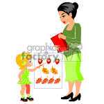 In this clipart image, there is a woman standing and holding a red book, and a young girl pointing at a chart that has images of fish and starfish on it, which suggests some educational activity or teaching moment. Both the woman and the girl seem engaged in a learning process. The woman is dressed in a green sweater and black skirt, while the girl is in a green-patterned dress.