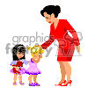   This clipart image features an adult woman standing next to two children, possibly girls, both of whom are holding dolls. The woman is touching one child
