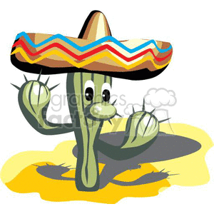 A cartoon cactus wearing a colorful sombrero, with a funny expression on its face, set in a desert landscape.