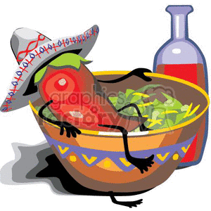 A festive clipart image depicting a chili pepper wearing a sombrero, relaxing in a colorful bowl of salad, with a bottle of hot sauce nearby.