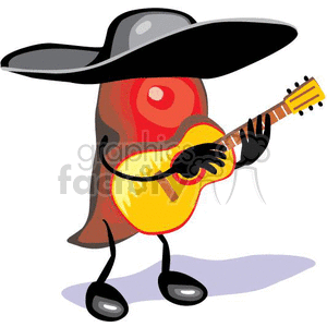 red habanero chile pepper wearing a black sombrero playing guitar