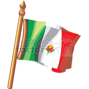 A clipart image of the Mexican flag on a flagpole, featuring vertical stripes of green, white, and red with a national emblem in the center.