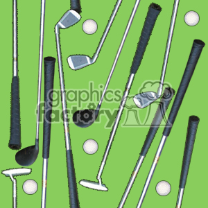 A clipart image featuring various golf clubs and golf balls on a green background.