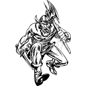 A stylized black and white clipart image of a Viking warrior in action, wielding a large axe and wearing a horned helmet. The Viking appears strong and fierce, ready for battle.