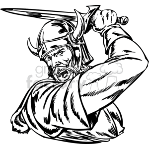 A black and white clipart image of a Viking warrior in a battle stance, holding a sword raised above his head and wearing a horned helmet.