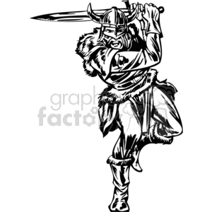 This black and white clipart image depicts a Viking warrior wearing traditional armor with a horned helmet, raising a sword above their head in a battle-ready stance. The warrior is depicted with intricate detailing, giving it a fierce and dynamic appearance.