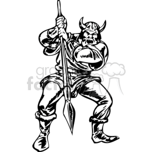 Black and white clipart image of a stylized Viking warrior holding a spear. The Viking is wearing a horned helmet, armor, and boots, and is depicted in a battle-ready stance.