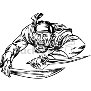 Black and white clipart image of an aggressive pirate wielding two swords. The pirate has a menacing expression and is wearing a headband.