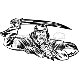 A black and white clipart image depicting a fierce, bearded warrior holding a curved sword above his head, wearing a headband seemingly shouting in a battle stance.