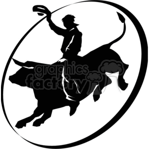 Silhouette of a cowboy riding a bull, with a lasso in hand, encased in a circular design.