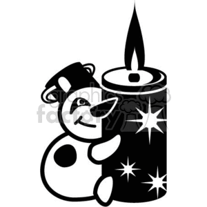 Black and White Snowman holding a Single Candle