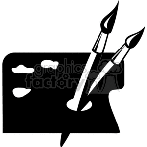 Black and white clipart of an artist's palette with two paintbrushes