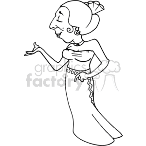 A black and white clipart image of a woman wearing a strapless dress with a headscarf or bonnet. She has her hair tied back and is gesturing with her right hand.