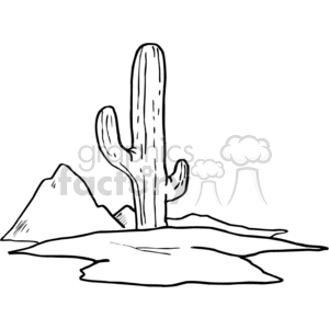 A black and white clipart image of a cactus in a desert landscape with mountains in the background.
