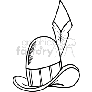A black and white clipart image of a hat with a feather. The hat has a curved brim and a band around the crown.