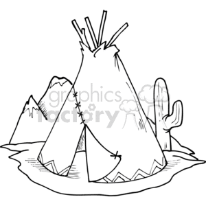 Black and white clipart image of a tepee with mountains and a cactus in the background.