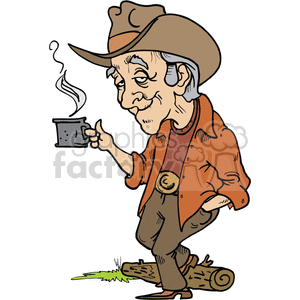 A caricature of an old cowboy, leaning on a log, wearing a brown hat and orange shirt, holding a steaming mug.