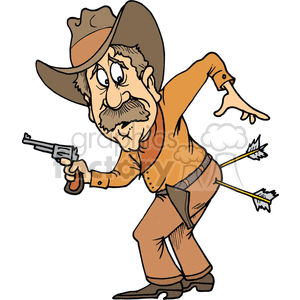 The clipart image depicts a cowboy in a Western setting. The cowboy is shown from the backside, with arrows stuck in his butt. He is wearing a hat and boots and appears to be carrying a gun. The image is in vector format and includes various Western graphics.
