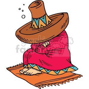 Clipart image of a person sleeping while sitting. The person is wearing a large sombrero and a colorful blanket, and appears to be seated on a woven mat. Small bubbles above the head indicate sleep.