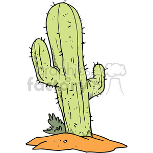 This clipart image features a cartoon-style cactus plant with multiple arms and spines, growing in a patch of sandy soil, with a small bush or shrub at its base.