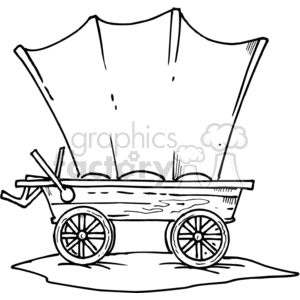 Black and white clipart image of a covered wagon, typically used during the westward expansion in America.