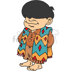 Clipart image of a smiling cartoon boy with black hair, wearing a colorful poncho with geometric patterns and a brown shirt and pants.