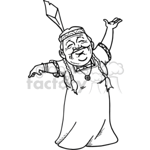A black and white clipart image of an elderly person smiling and spreading their arms wide. The person is wearing traditional clothing with a headband, a feather, and a pendant around their neck.