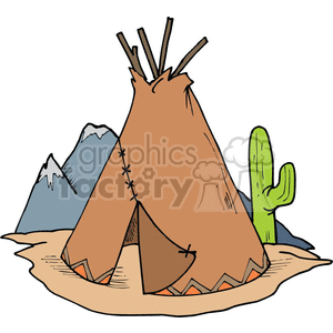 A clipart image depicting a traditional teepee set in a desert landscape with a green cactus and mountains in the background.