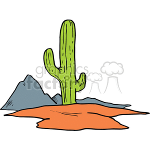 Clipart image of a green cactus standing on an orange desert terrain with mountains in the background.