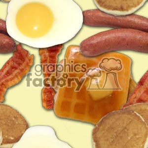 Clipart image featuring a variety of breakfast foods including fried eggs, sausages, bacon strips, waffles with butter, and pancakes.