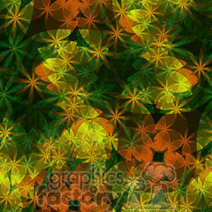 A vibrant and intricate clipart image featuring an abstract floral pattern with overlapping green and orange star-like flowers.