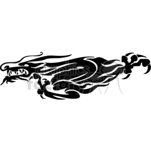 This clipart image depicts a stylized dragon in black and white. It features fluid, swirling lines and shapes that form the silhouette and details of a dragon, with a clear contrast that's ideal for vinyl cutting and usage in signage or as a tattoo design.